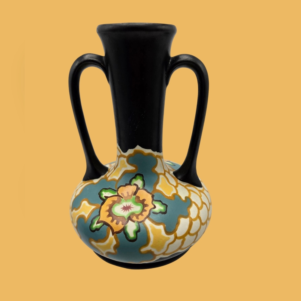 Vintage 1930’s Ditmar Urbach Bohemian Style Floral Pottery Vase Czechoslovakia